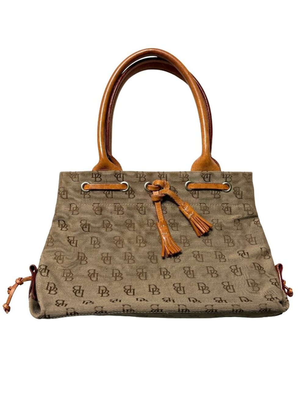 Dooney & Bourke Monogram Canvas Tote Beige/Brown Leather Handles & Tassel 11"x7"